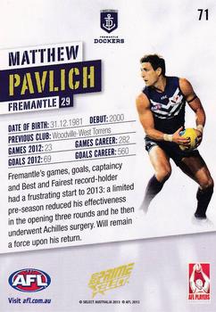 2013 Select Prime AFL #71 Matthew Pavlich Back